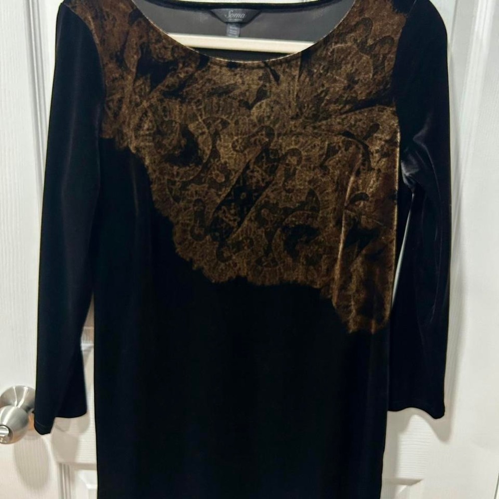 Soma Intimates Medium Velvet Tunic Top Black Gold 3/4 Sleeves Stretch Lounge